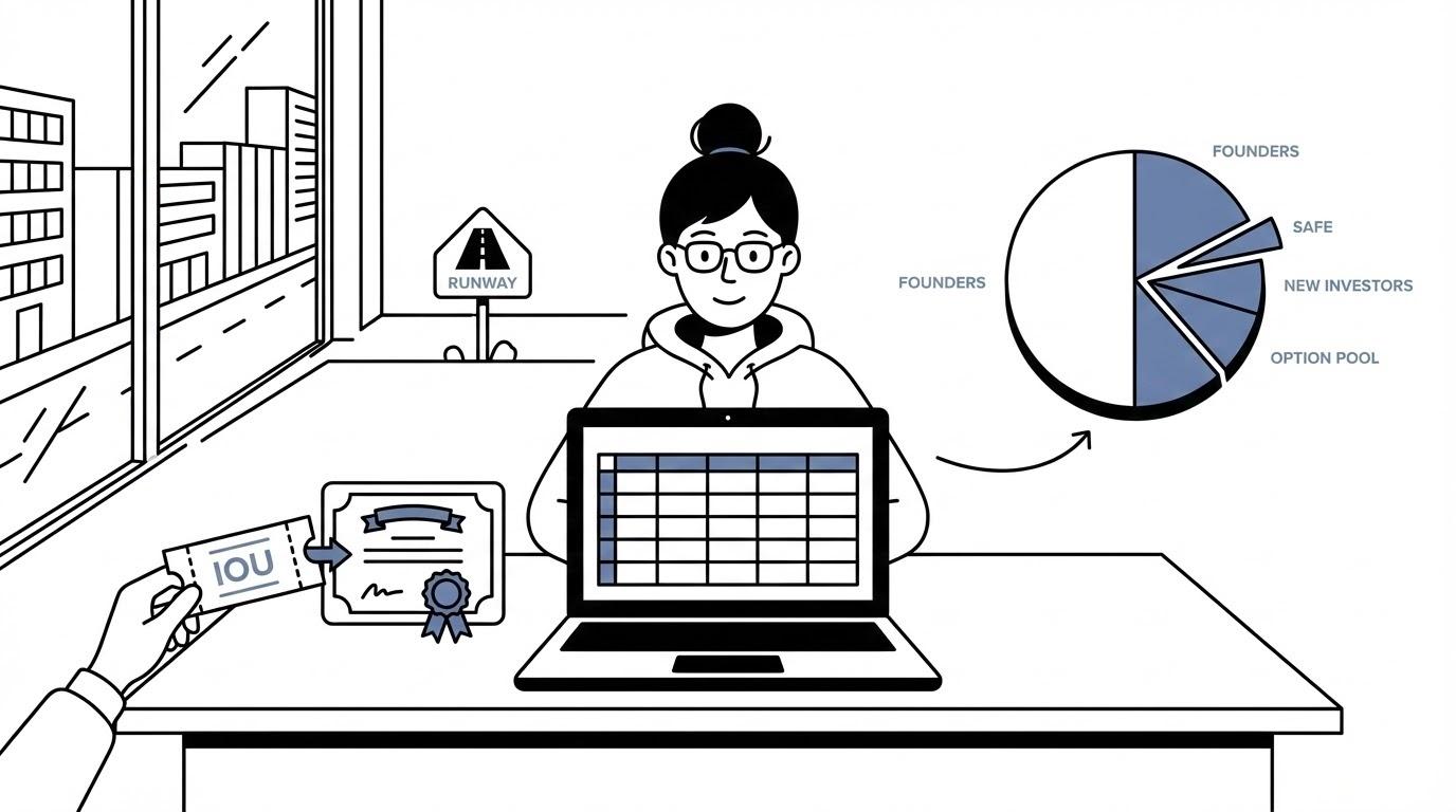 SAFE financing explained: showing how SAFEs convert from an IOU to equity shares, with cap table breakdown showing founders, SAFE holders, new investors, and option pool