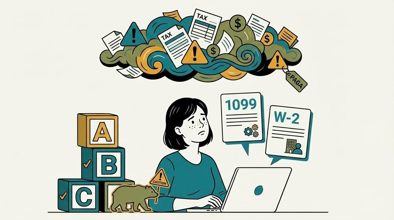 Illustration of worker classification complexity showing tax documents, W-2 and 1099 forms
